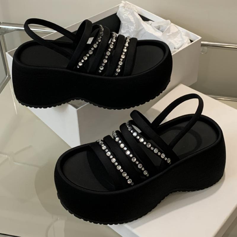 Bling Rhinestone Thick-Soled Open Toe Women Sandals 2025 Summer Fashion Design Retro Roman Ankle Strap Women Beach Slippers