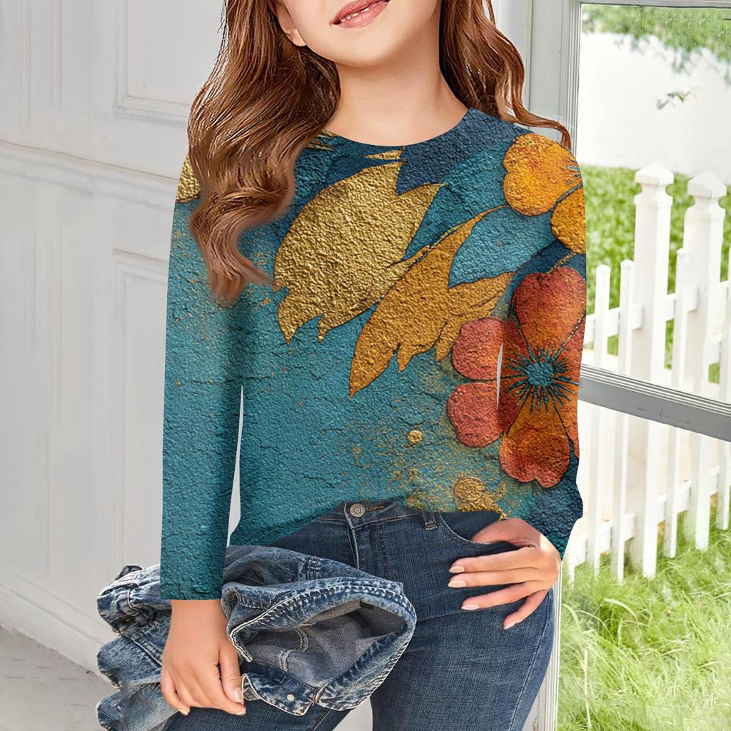 Girls Long Sleeve T Shirts Kids Fall Tops Crewneck Printed Basic Tees