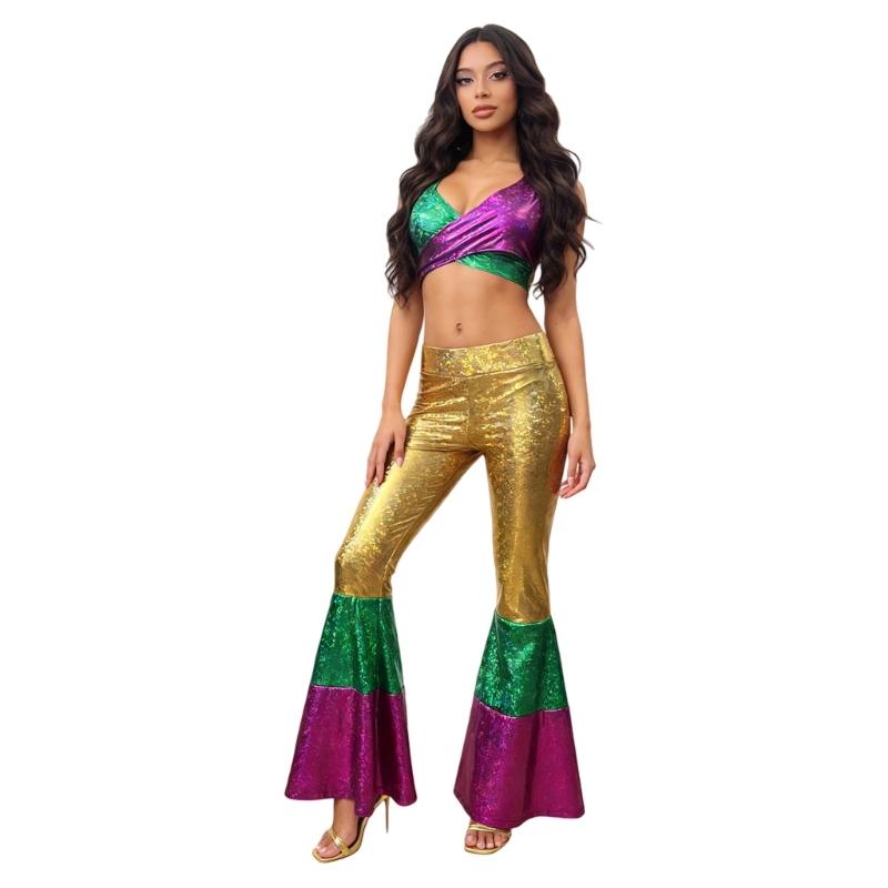 Disco Party Costume Set With Fashion Polyester Halloween Dance Costume And Matching Headpiece For Women