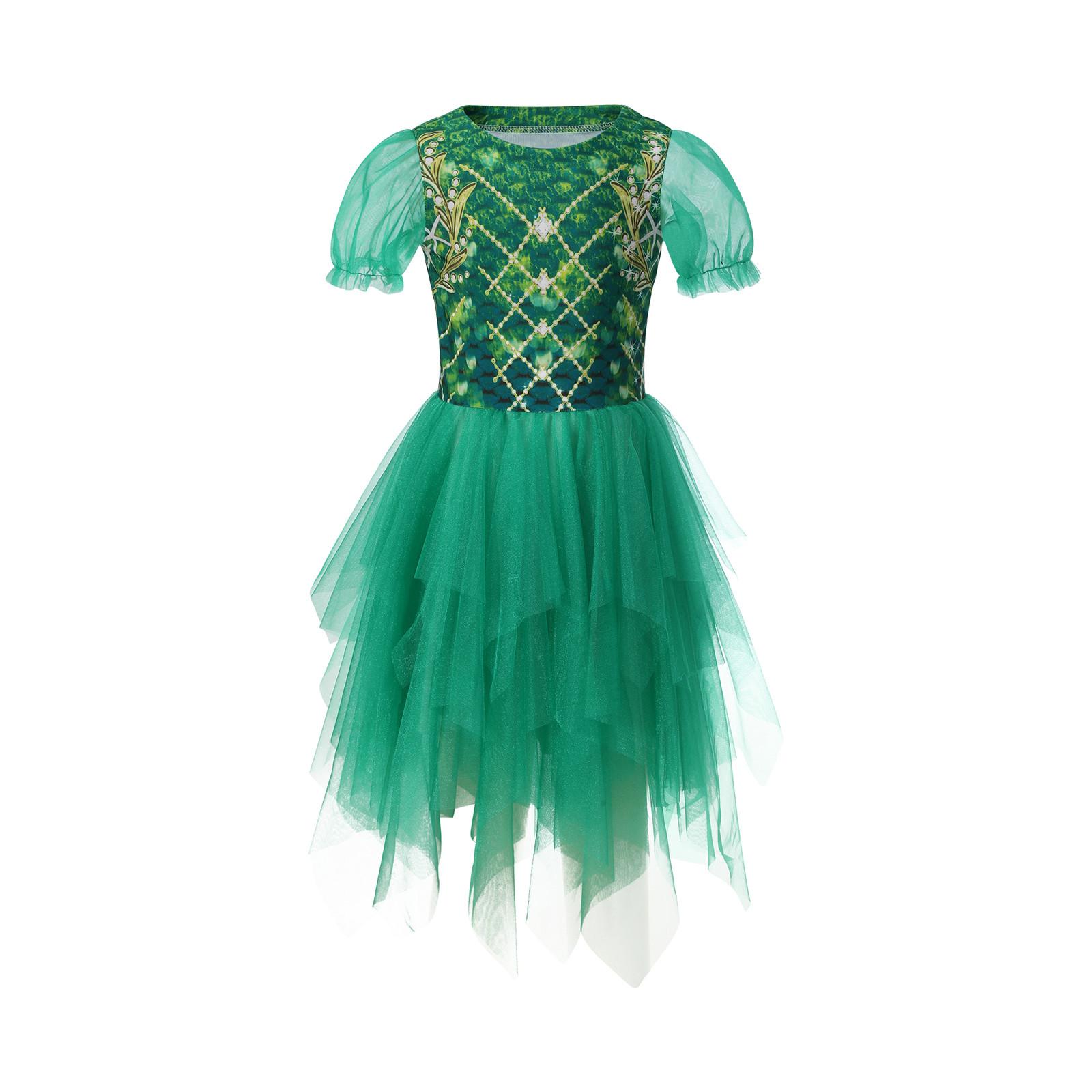 

Костюм для выступлений с платьем принцессы с рукавами-фонариками и блестками для девочки 150 темно-зеленого