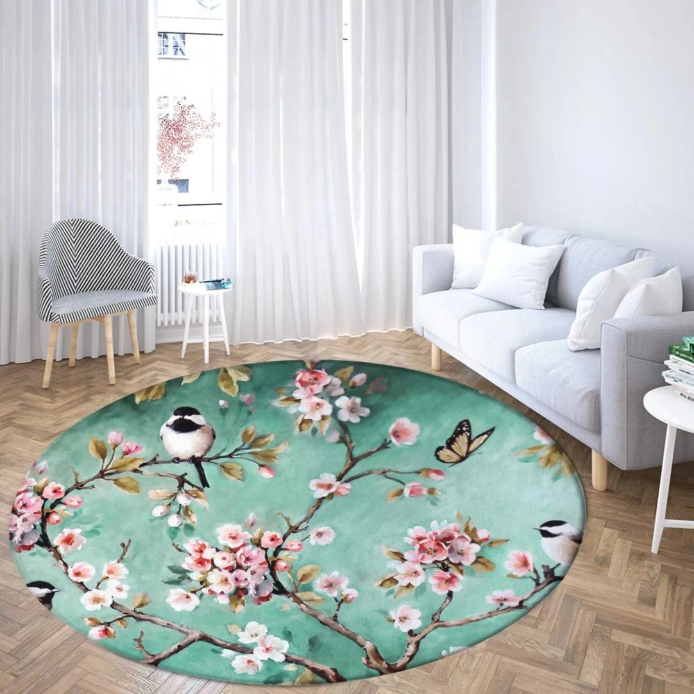 Flower and Bird Illustration Round Rug Pink Peach Blossom Carpet for Living Room Bedroom Floral Chair Rugs Non-slip Floor Mat