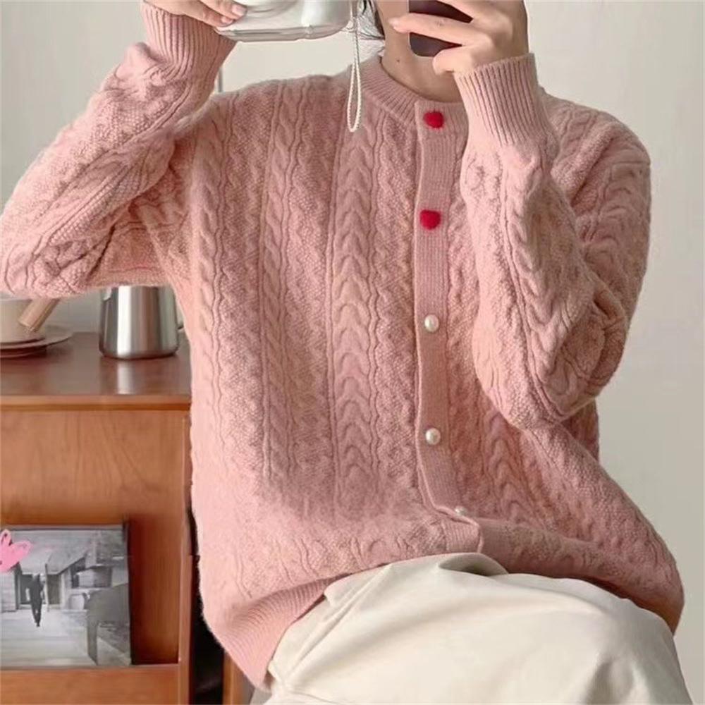 Autumn and Winter Women's  Sweater Round Neck Love Button Fried Dough Twists Knitted Cardigan