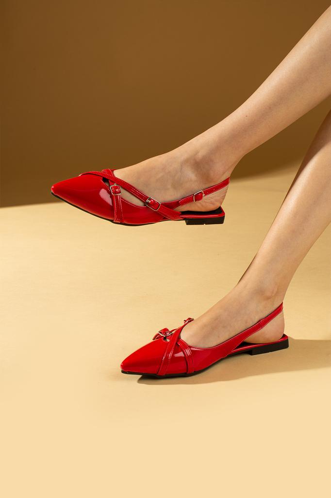 Pointed Toe Double Buckle Women's Ballerina Flats 64-105-24 Patent Leather