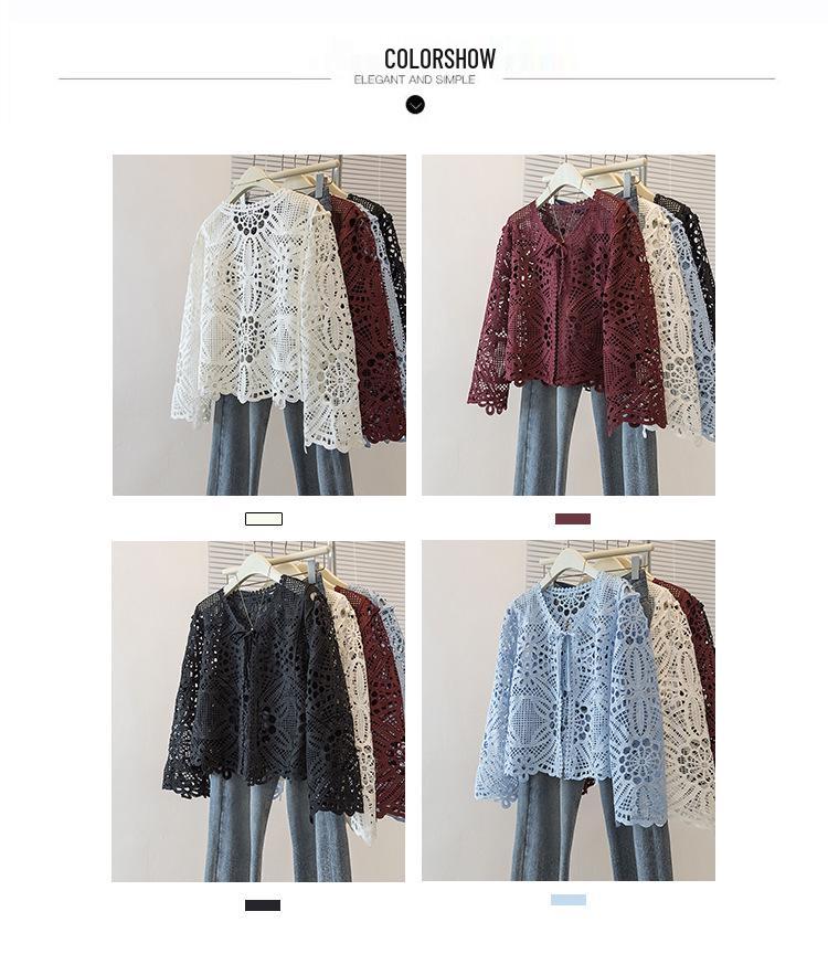 Korean Style Plus Size Embroidered V-Neck Lace Top - Autumn Women's Loose Long-Sleeve