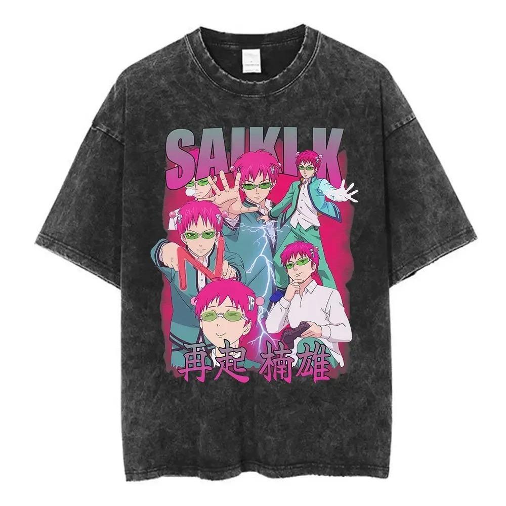 Washed Vintage Anime The Disastrous Life of Saiki K Saiki Kusuo Tshirt Men Retro Cartoon Merch High Street Vintage Unisex Loose