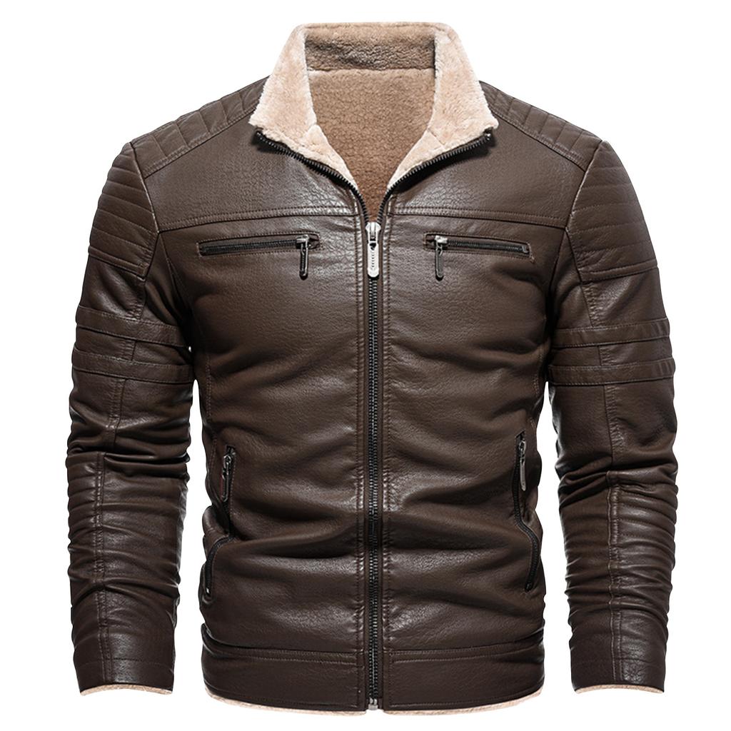 Men's Multi-Pocket Plush Thickened PU Leather Jacket Business Casual Jacket