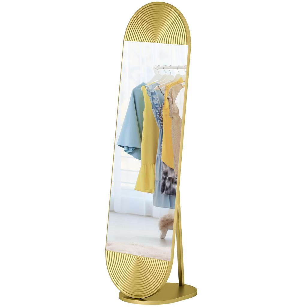 50 x 161 cm Wavy Full Length Mirror, Free Standing Mirror with Metal Frame and Solid Base, Gold Tone
