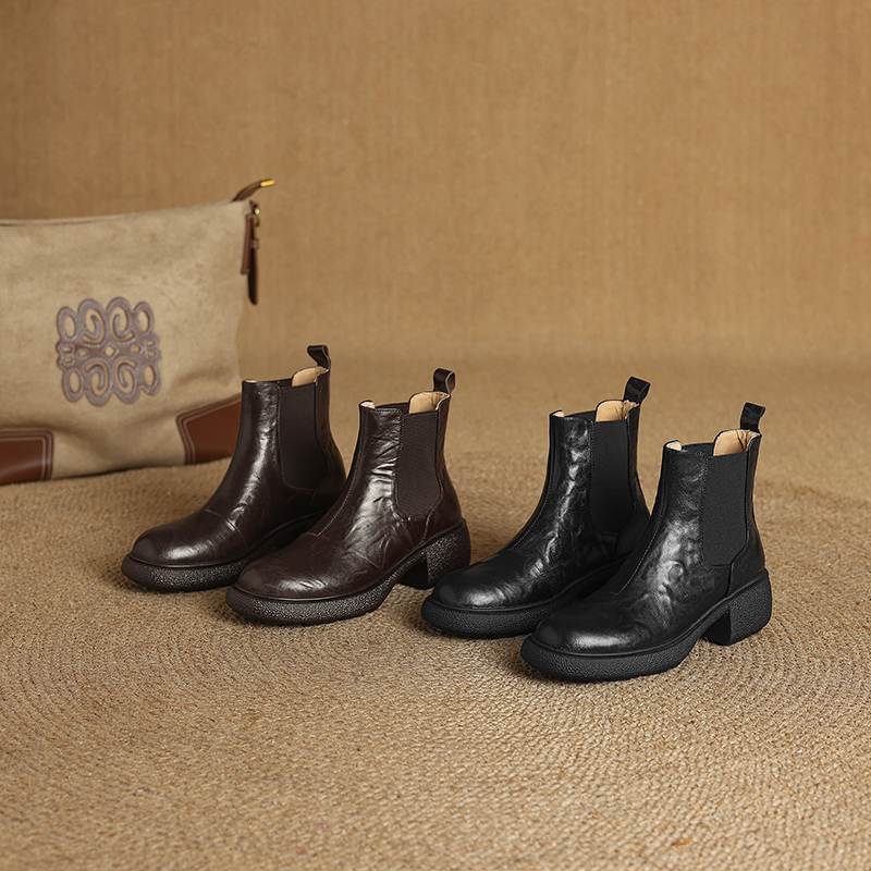 Krazing Pot Sheepskin Pleated Decoration Autumn Winter Shoes Chunky Heels Size 43 Size 42 Round Toe Slip on Retro Fashion Ankle Boots