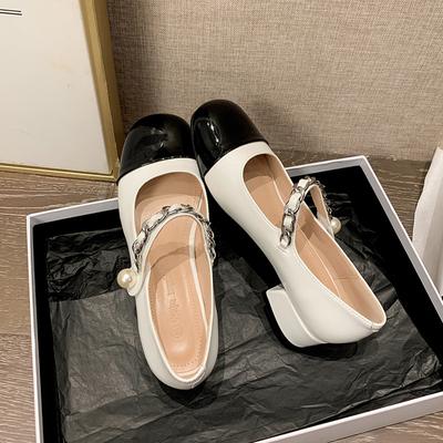 Shoes Women's 2025 Spring New Pearl Single Shoes Retro Small Fragrant Mary Jane Shoes Thick Heel Medium Heel Small Leather Shoes