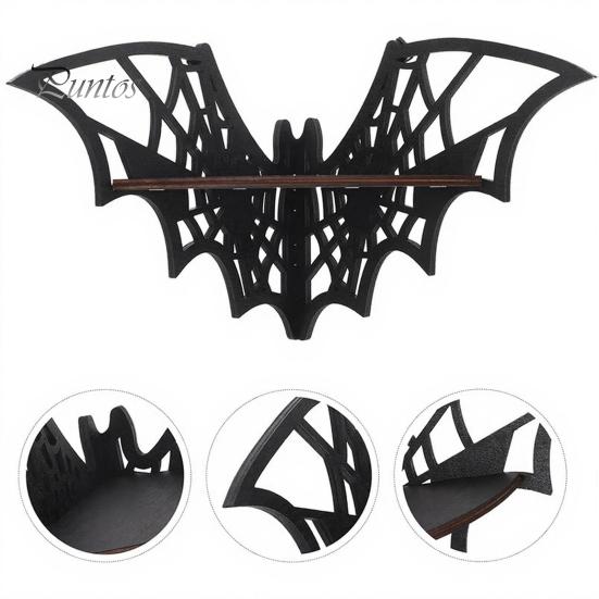Wall Mounted Organizer Halloween Bat Corner Shelf, Decorative Wooden Mount Display Spooky Room Accessories Spiderweb Design Gothic Floating