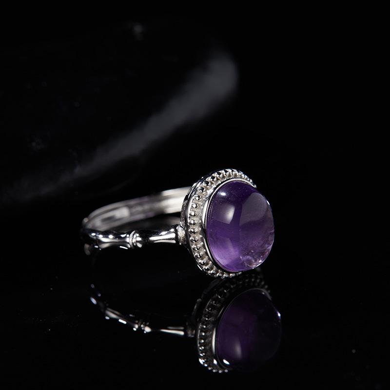 S925 Sterling Silver Natural Color Treasure Amethyst Ring Female Bamboo Design Fashionable And Versatile, Adjustable And Non-Fading