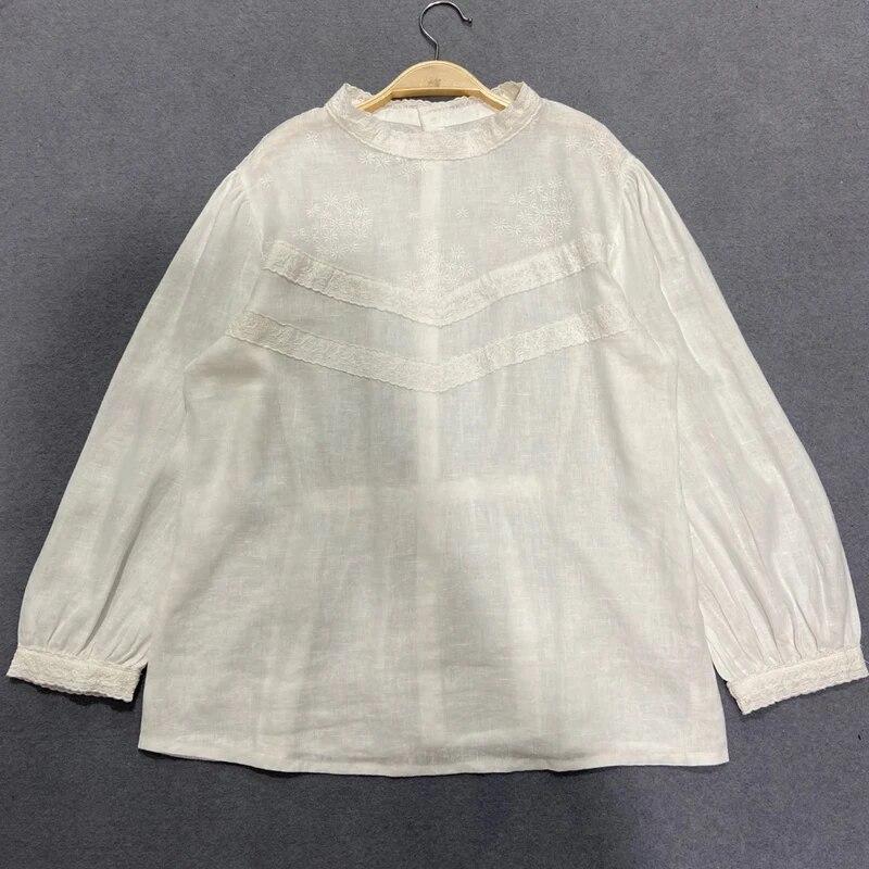 

Осенние женские топы с цветочной вышивкой Johnature, блузки, винтажные однотонные свободные рубашки на пуговицах