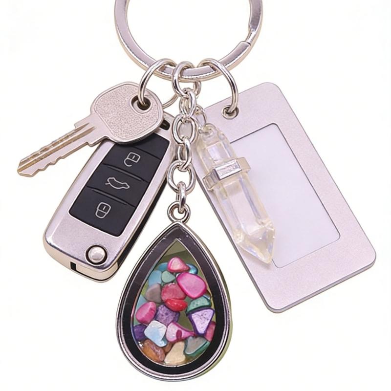 Natural Stone Crystals Teardrop Shape Photo Locket Keychain Featuring Diamonds Cut Designs for Sentimental Gifts