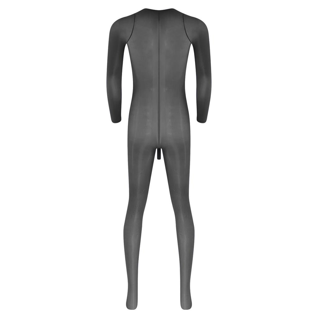 Herren Glänzender Fußbodysuit Jumpsuit Rundhalsausschnitt Langarm Scheide Öffnung Sehr Dehnbar Glänzend Nachtwäsche