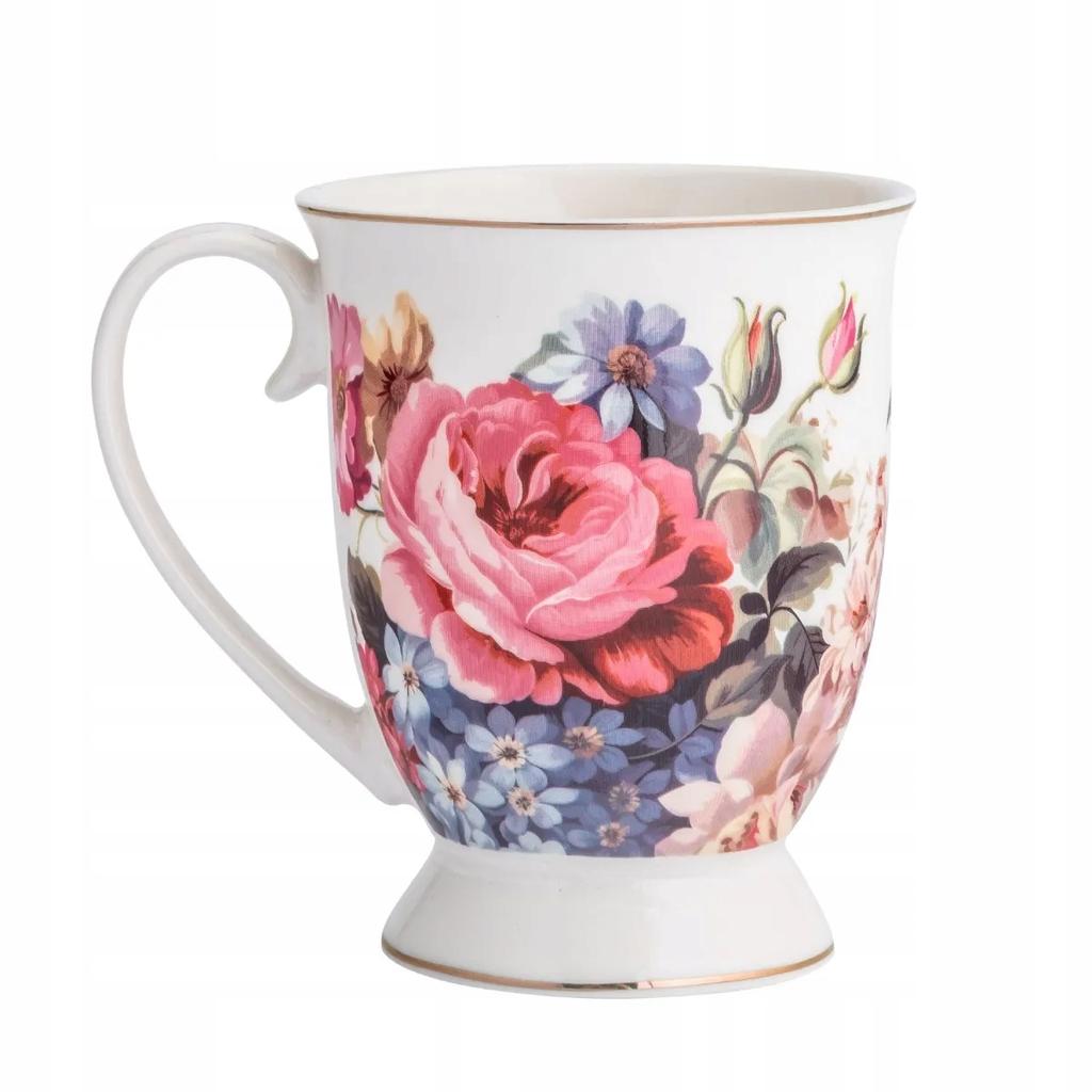 Kubek porcelanowy biały w róże na stopce elegancki 320ml 1szt Róża