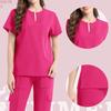 Women's Short Sleeved Color V Neck Pocket Top Pants Work Clothes Two Piece Set