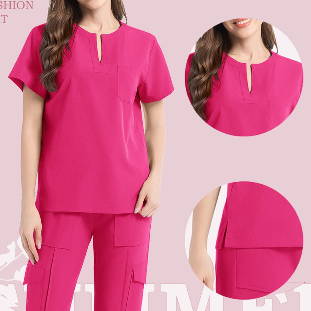 Women's Short Sleeved Color V Neck Pocket Top Pants Work Clothes Two Piece Set