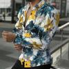 Men Collared Shirt White Yellow Teal Ink Wash Floral Print Long Sleeve Button Down Top