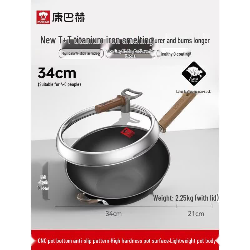 Kangbahe 34cm Titanium-Infused Flat-Bottom Iron Wok