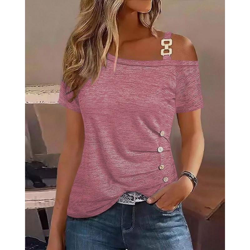 

Women s Summer Simple Short Sleeve Metal Button Printed Top XXL рожевий