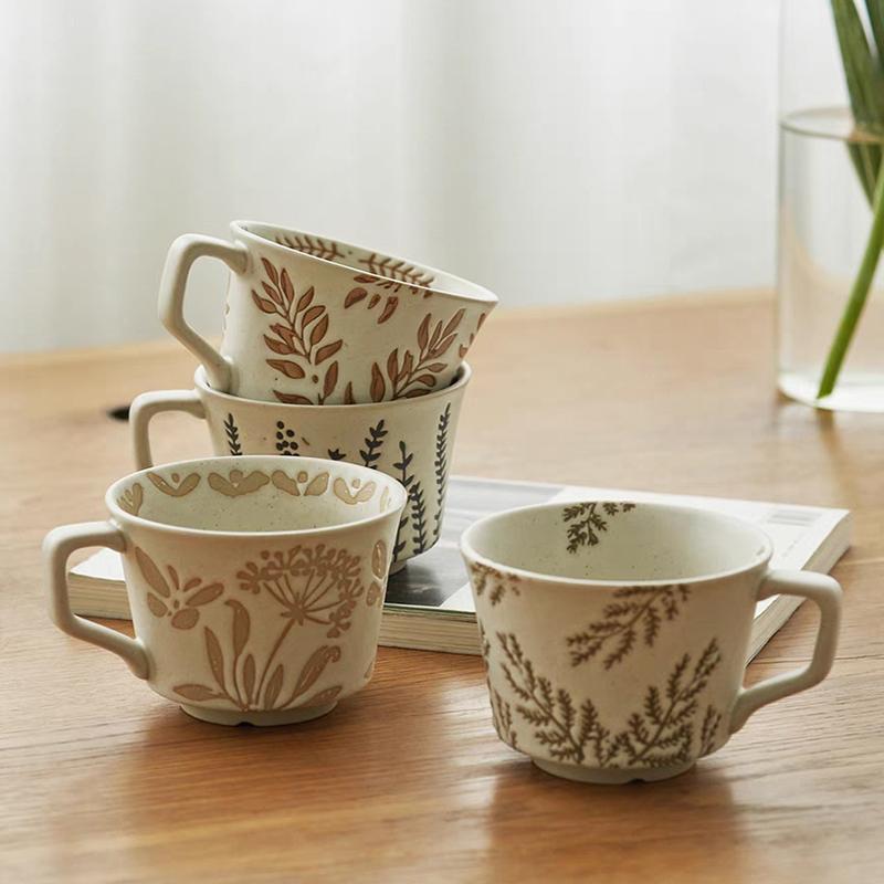 350ML Ceramic Mug Large Coffee Cup Tea Mug Home Office Water Cup Big Breakfast Milk Juice Cup Leaf Pattern Porcelain Drinkware
