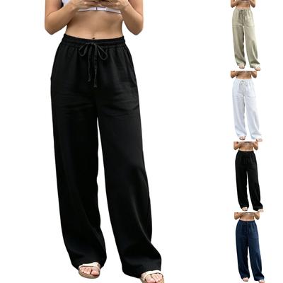 Dames Losse Casual Broek Elastische Tailleband Trekkoord Wijde Pijpen Rechte Snit Zakken Comfortabele Dagelijkse Kleding