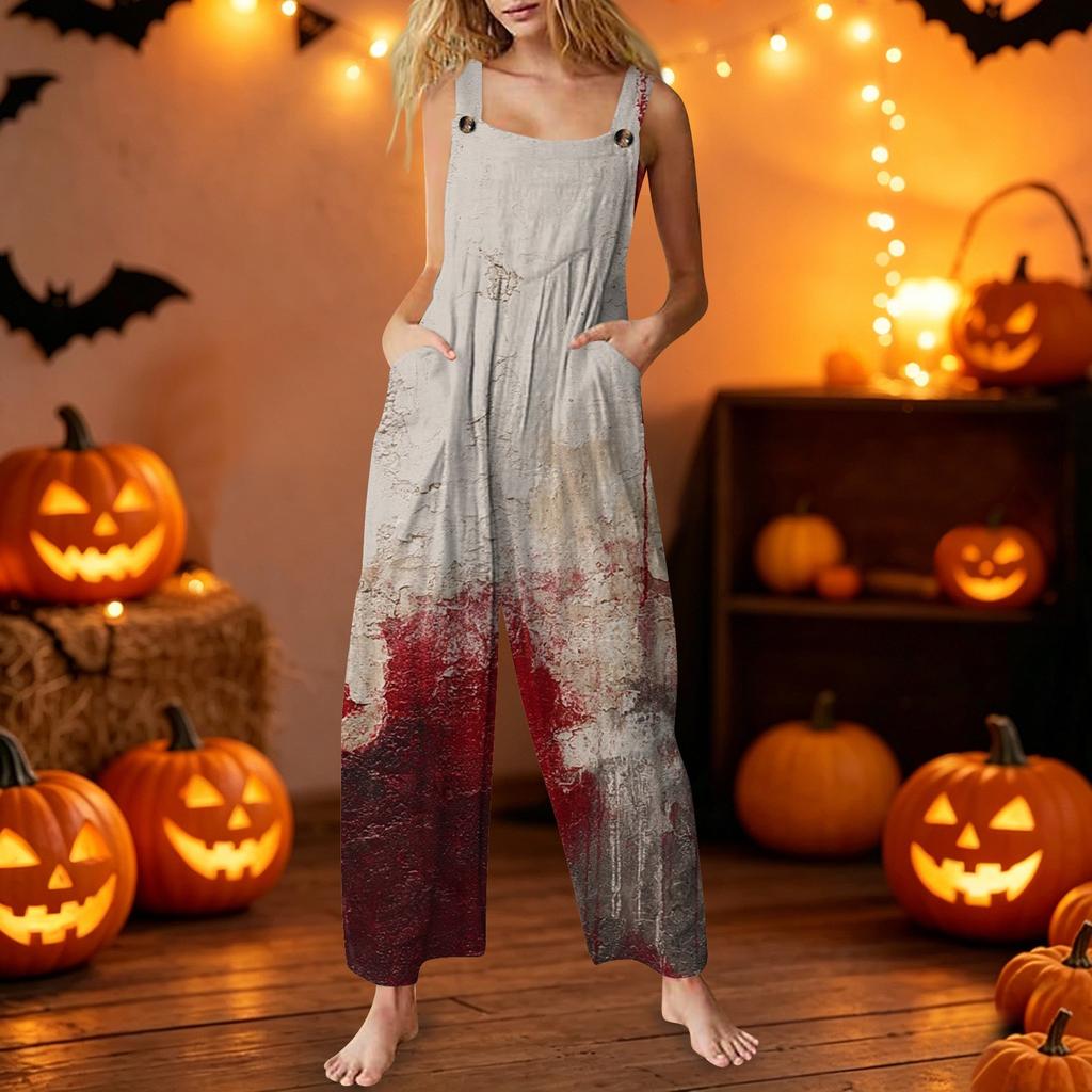 Womens Sleeveless Jumpsuit Cotton Casual Loose Fit Halloween Printed Romper Wide Leg Overalls
