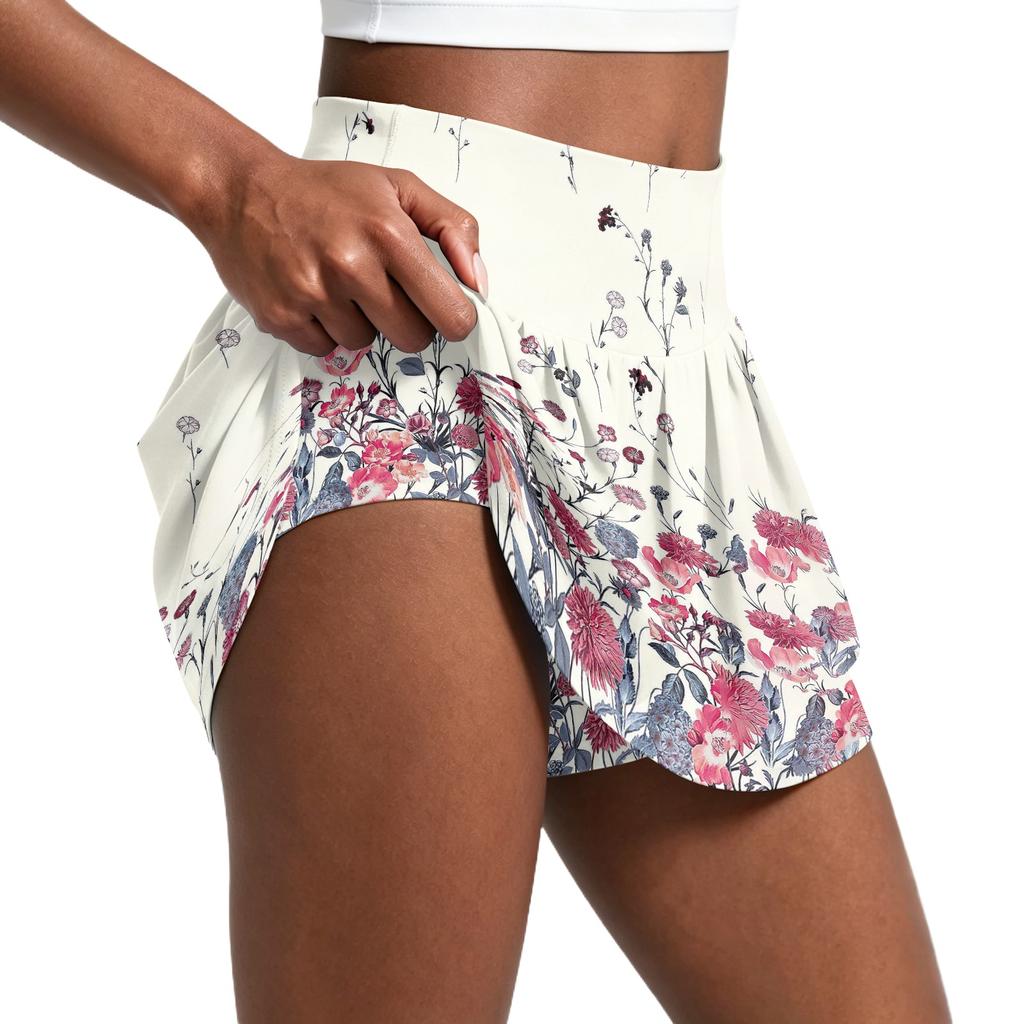 Women's Vintage Floral Print Pleated Tennis Skirt with Built-In Shorts for Running Yoga Fitness Casual Sportswear