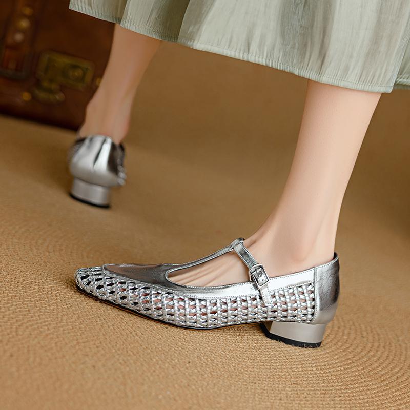 Fashion 2025 New Spring Women Pumps Genuine Leather Women Shoes Square Toe Buckle Strap Mary Janes Weave Ladies Shoes