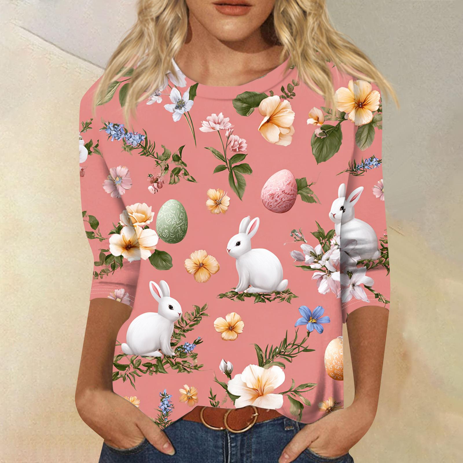 

Women s Fashionable Casual Round Neck Three-Quarter Sleeve Easter Print T-Shirt Top XL кавун червоний колір