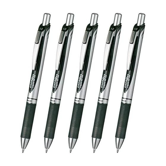 Pentel Ballpoint Pen Gel Ink Energel Retractable 1.0mm Silver Shaft XBL80-A Black 5 Pieces