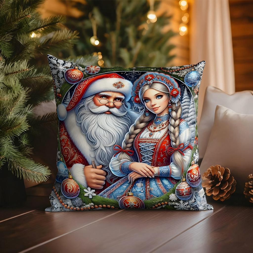 Christmas pillowcase: dreamy patterns of Santa Claus and fairy tale characters, home holiday warm atmosphere