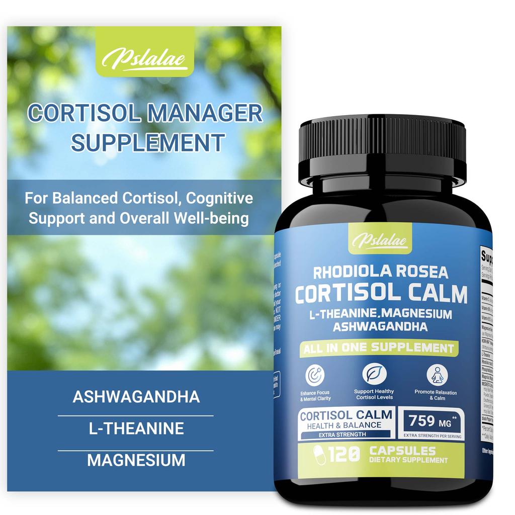 Suplemento para Gerenciamento de Cortisol com Magnésio, Ashwagandha e Teanina - Auxilia no Relaxamento, Cortisol e Foco - 120 Cápsulas