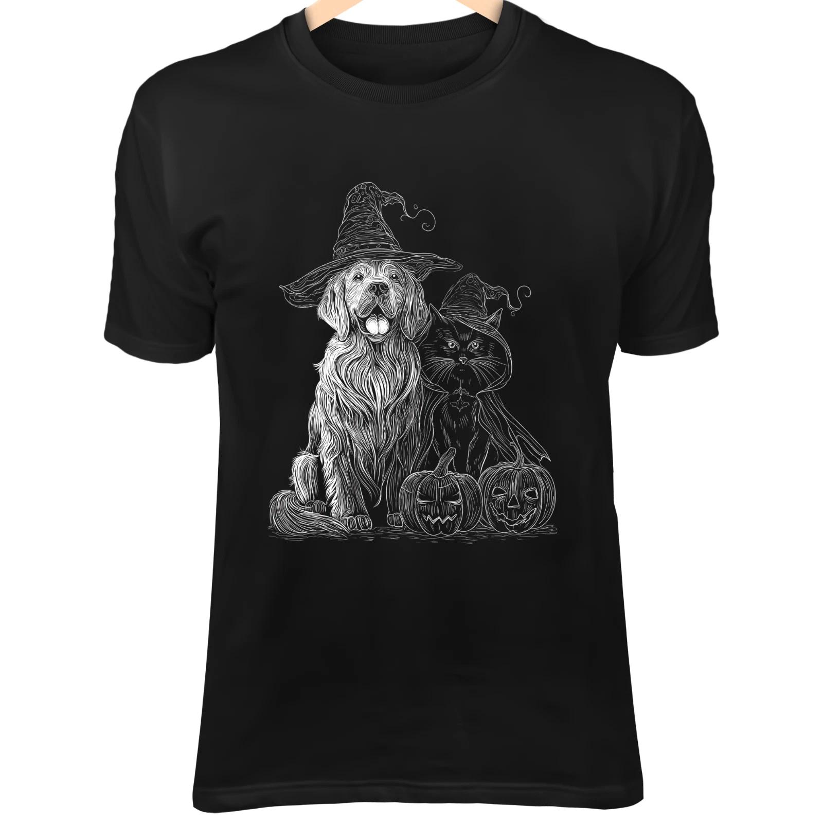 Halloween Dog & Cat Line Art - Cute Minimalist with Witch Hat, Cloak & Pumpkins 3XL