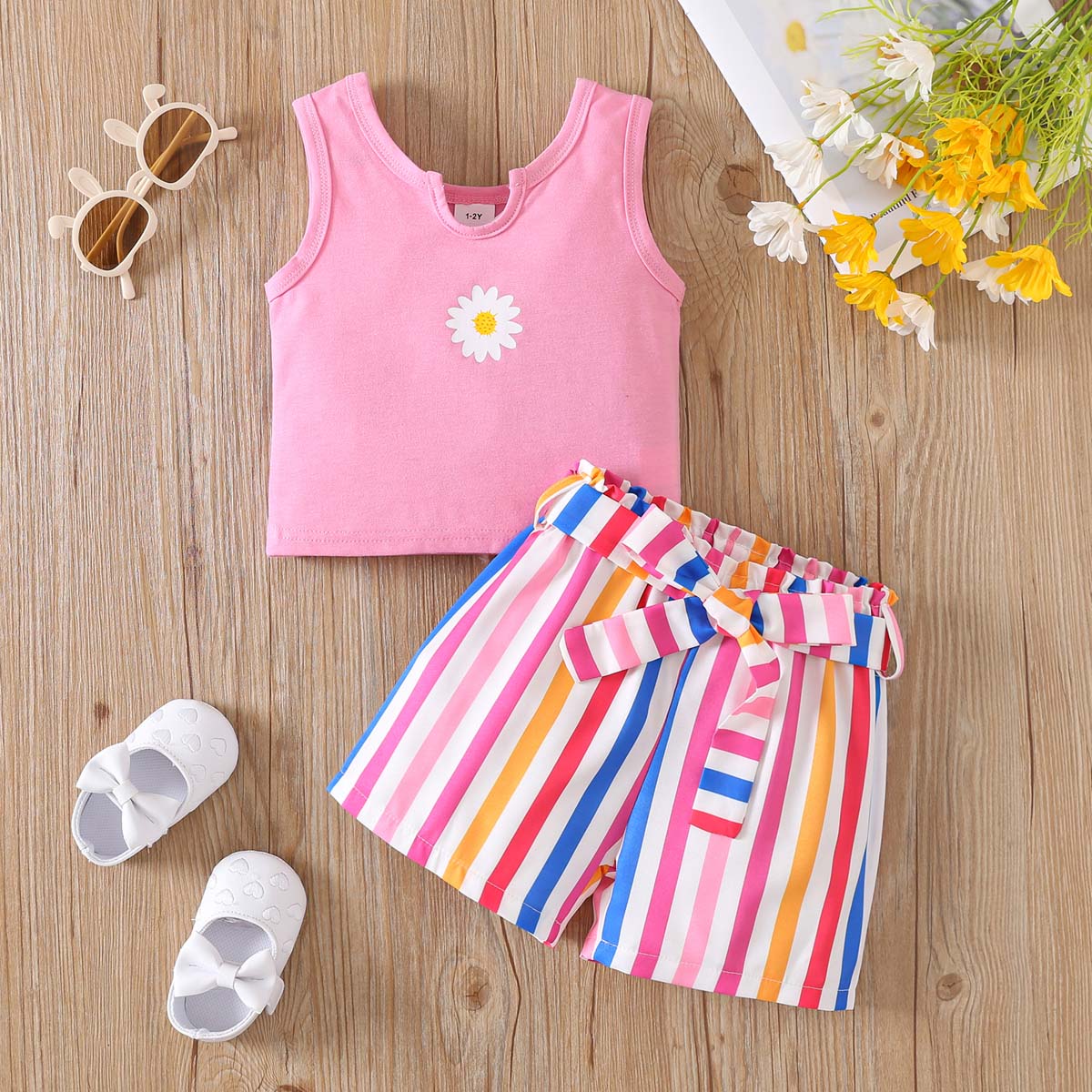 

Girls 2 Piece Outfit 1-8Y Pink Sleeveless Tank Top with Striped Shorts Set Kids Summer Floral Clothing Sets 1-2Y розовый