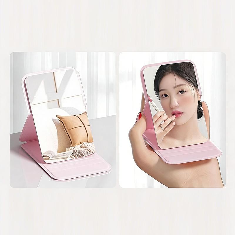 Pu Leather Solid Color Foldable Makeup Mirror Simple Portable Handheld & Desktop Dual-Use Student Cute Pocket Mirror