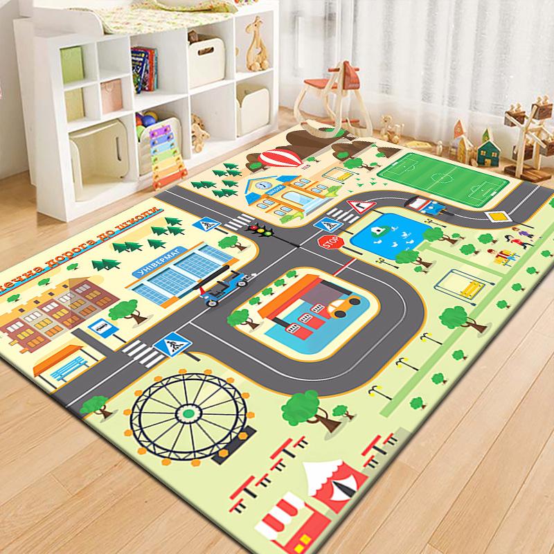 Cartoon Roadway Velvet Rug: Durable, Dirt-resistant Play Mat for Kids