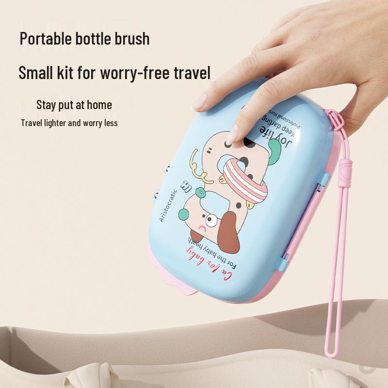 Portable Baby Bottle & Nipple Cleaning Brush Set with Drain Rack and Storage Box