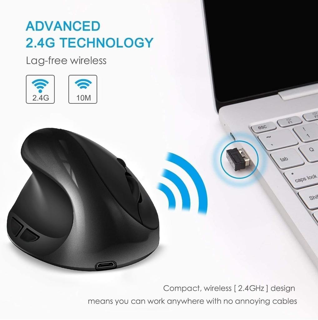 Left-handed Mouse, High-precision Ergonomic Mouse, 2.4G Rechargeable Wireless Vertical Mouse, 3-level Adjustable DPI (80012001600), Reduces Wrist