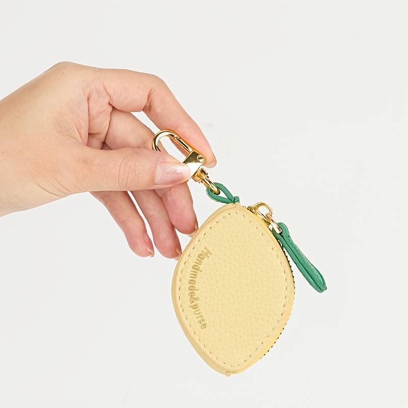 Szwatch Men's Yellow Cute Lemon Fruit Charm Coin Purse - Compact Keychain Wallet With Zipper Closure, Golden-Tone Synthetic Faux Leather & Green Leaf Tag