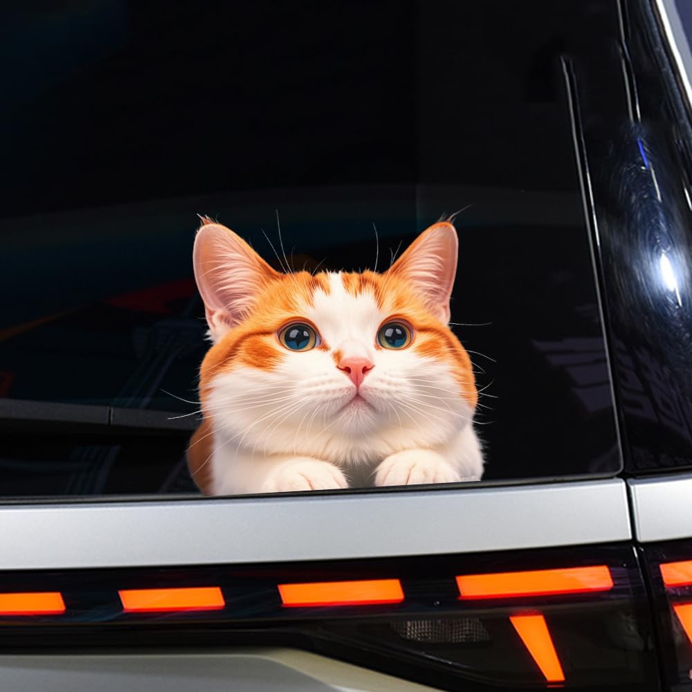 Cat Car Window Decals Funny 3D Waterproof Decals,Orange Cat Stickers,PVC Realistic Automotive Sticker, for Refrigerator,Toilet, Wall.Bathroom,1pcs