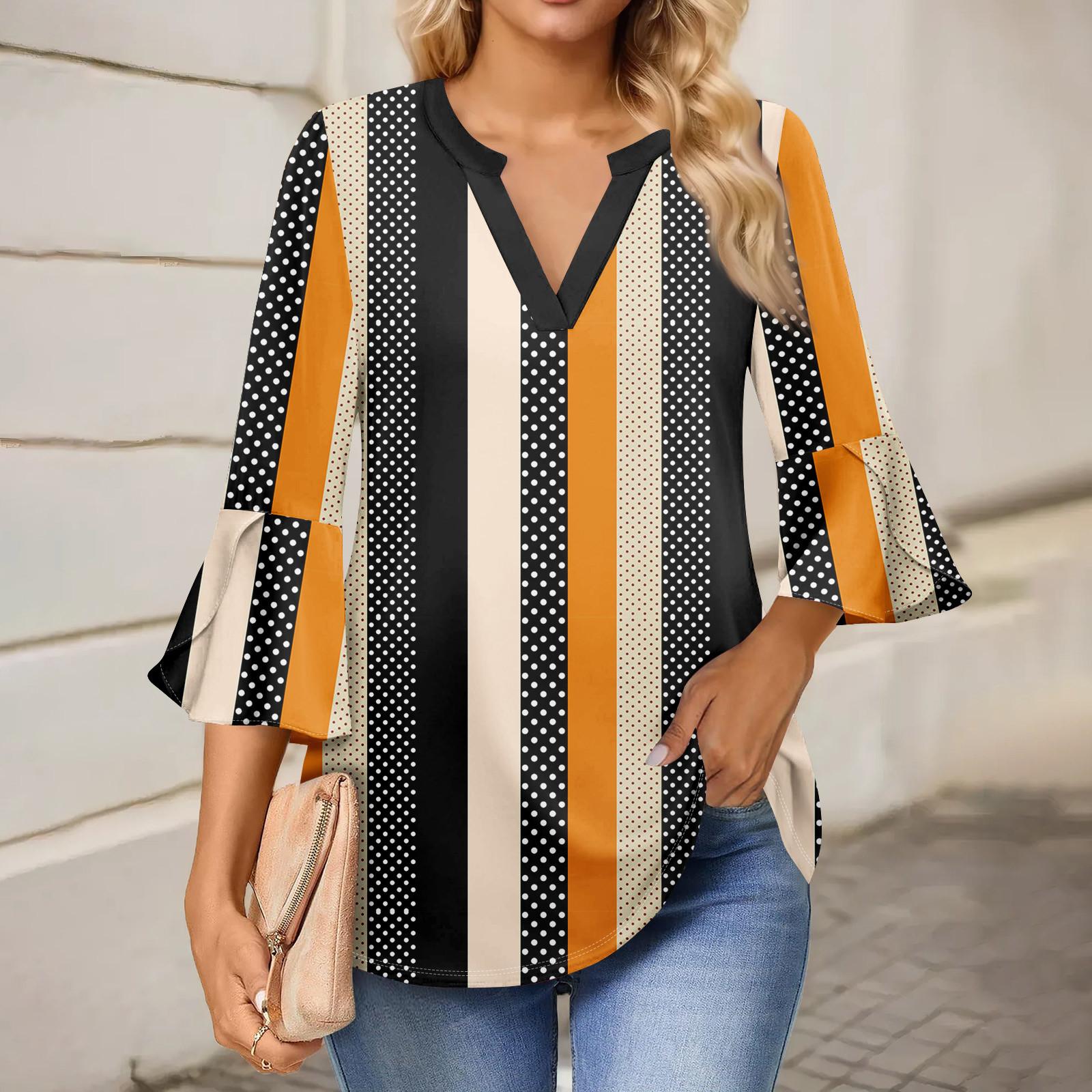 Женская рабочая рубашка с плиссировкой и рукавом 3/4, рубашка с V-образным вырезом, повседневная рубашка с завязками на талии, деловая рубашка L оранжевый