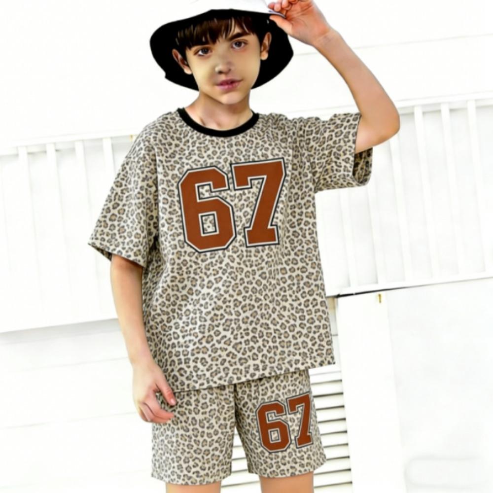 Módní Dětský Letní Ležérní Outfit 2dílná Sada s Potiskem Čísla 67 a Leopardím Vzorem pro Kluky a Holky Dětské Oblečení Vrchní díl