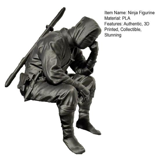 3D Printed Ninja Warrior Figurine with Weapon Small Sitting Thinking Black Samurai Bookshelf Statue for Office Shelf Desk Decor