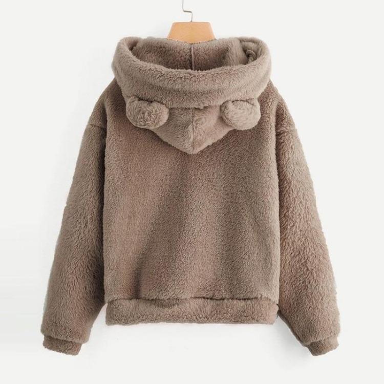Women Cozy Fleece Pullover Hoodie Long Sleeve Plush Sweatshirt Warm Bear Ear Teddy Hooded