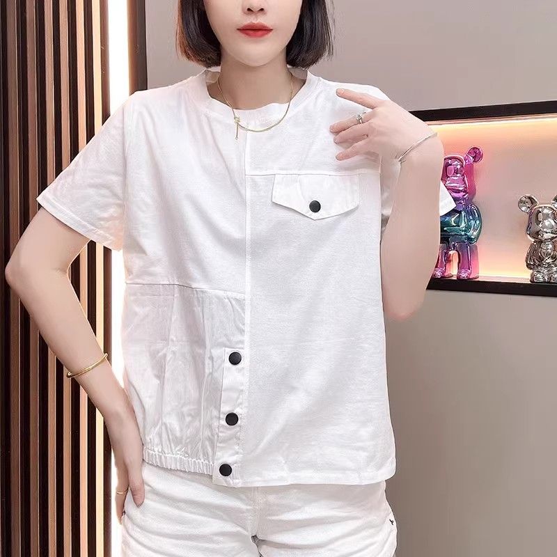 

Pure Cotton White Short sleeve T-shirt Women 2025 Summer New Loose Design Sense Chic Faux Pocket Patchwork Top White M [Suggested 40.00 kg-50.00 kg]]