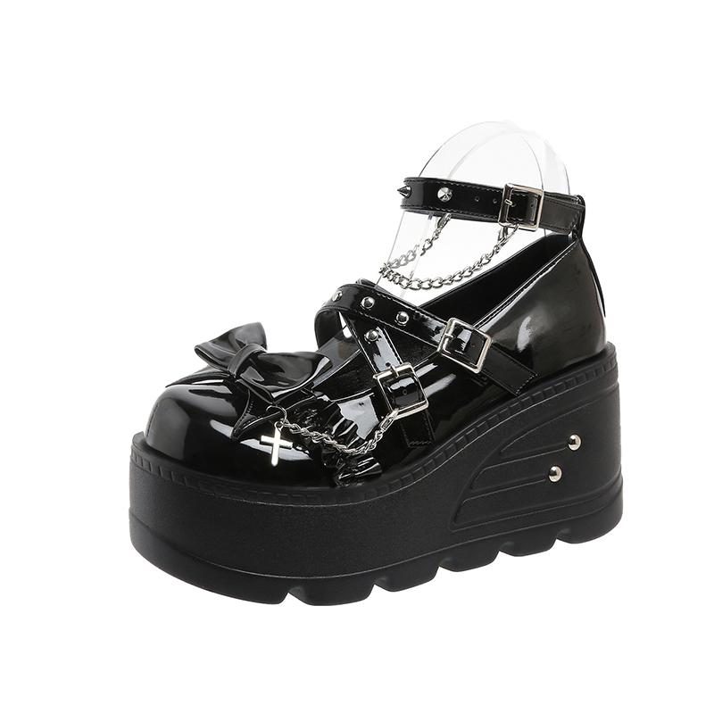 Fashion Original Punk Style Mary janes Round Head Thick Bottom Platform Shoes Female Y2K Rivet Wedges Heel Women Girls Leather Pumps
