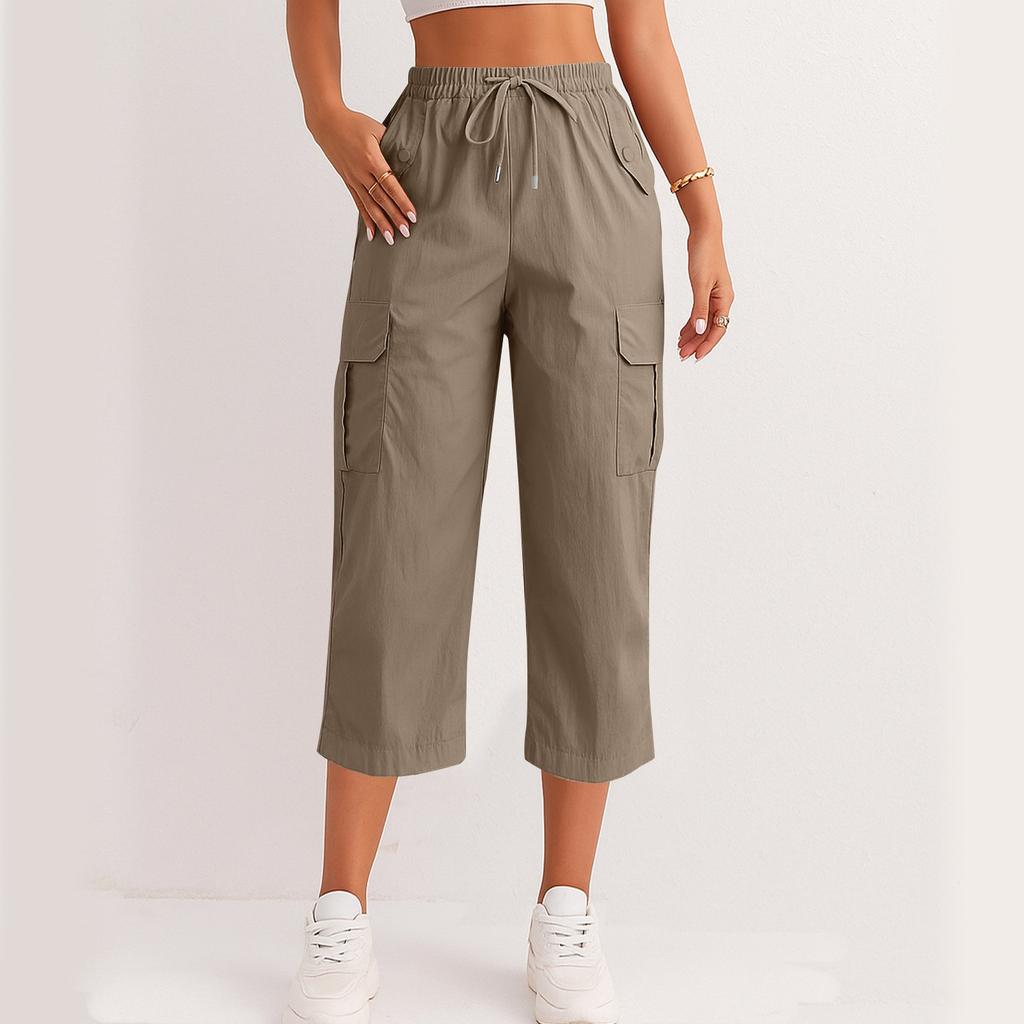 Women's Fashionable Drawstring With Flip Pocket Solid Color Captcha Pants Work Pants