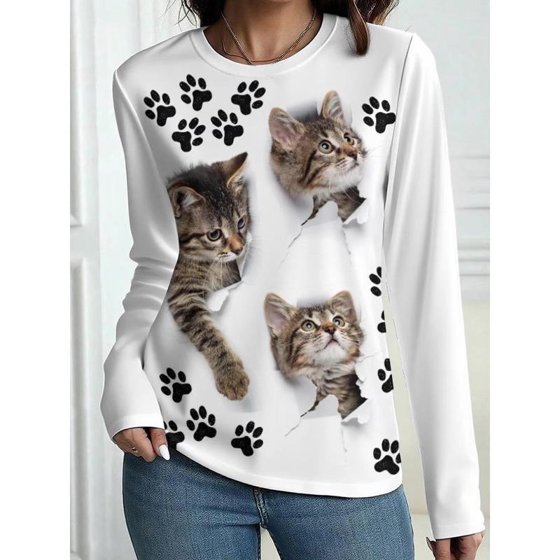 Autumn/winter Women's 3D Printed Crew Neck Long-sleeve T-shirt