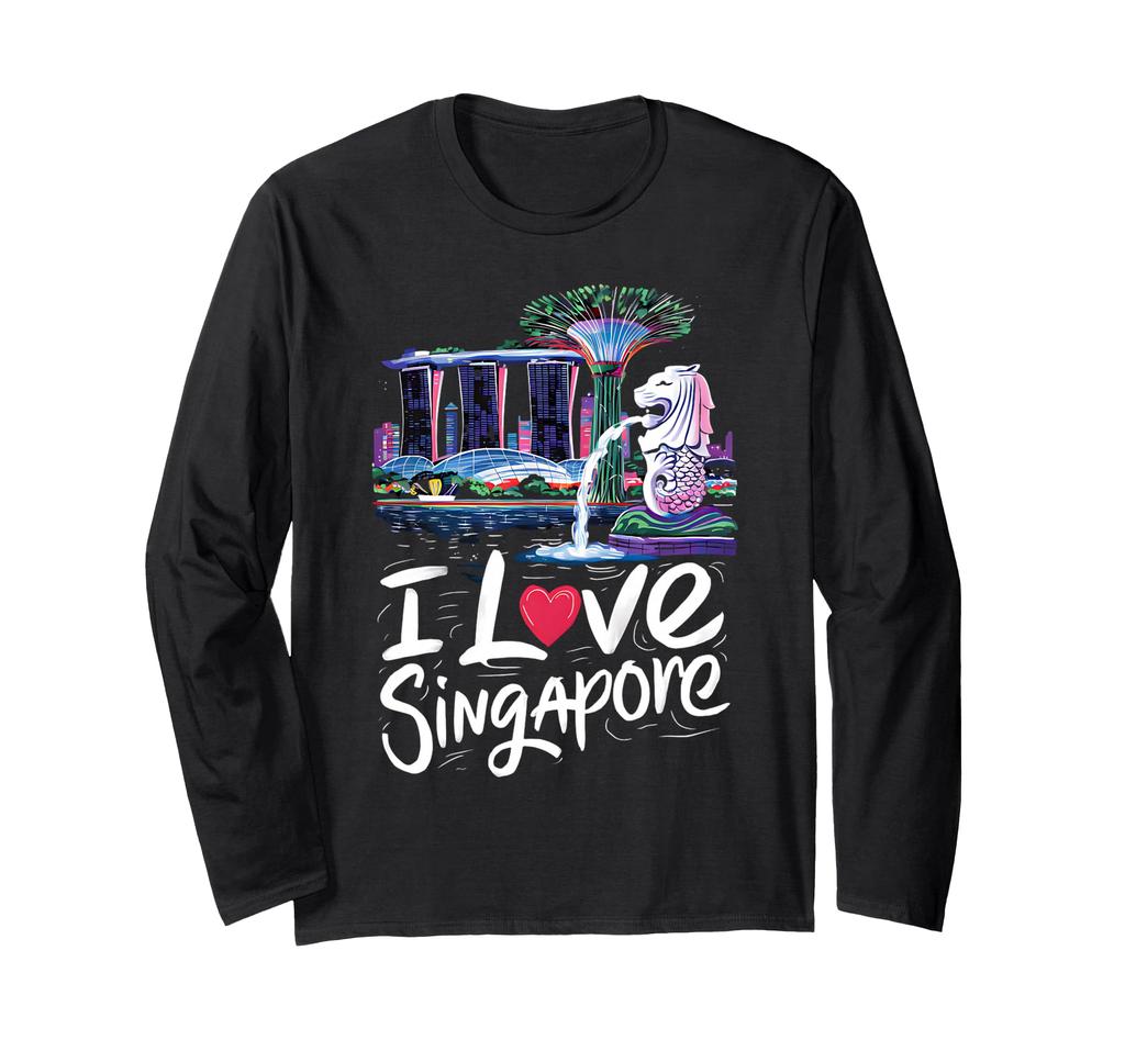 I Love Singapore City Skyline" and Merlion design. Long-sleeved T-shirt